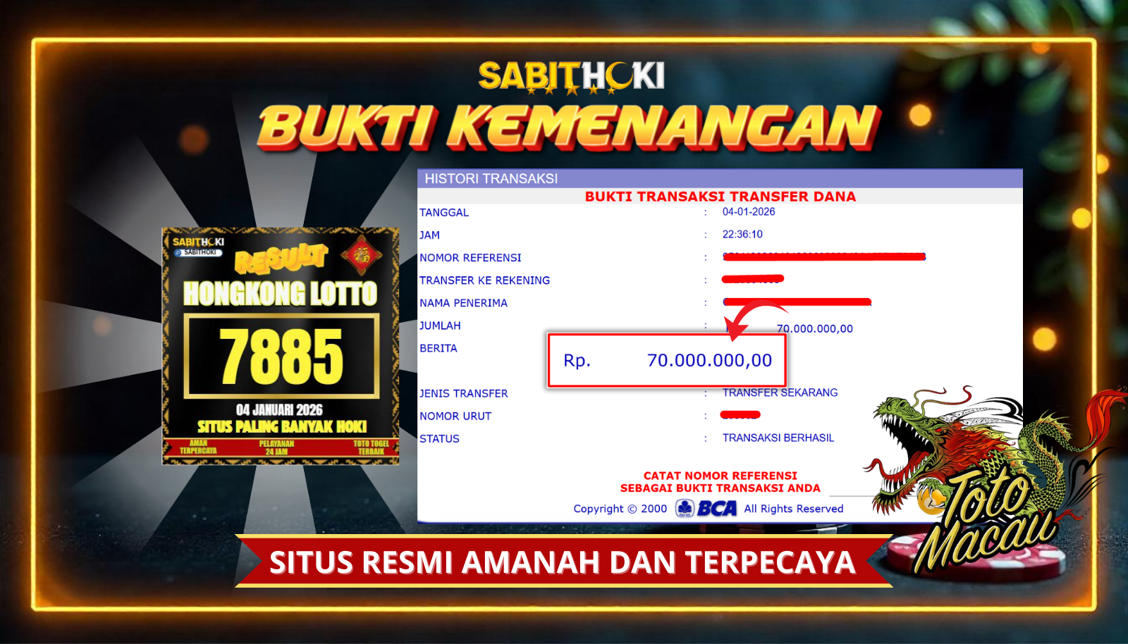 SELAMAT KEPADA MEMBER SETIA SABITHOKI YANG BERHASIL JACKPOT DI PERMAINAN TOGEL HONGKONG LOTTO